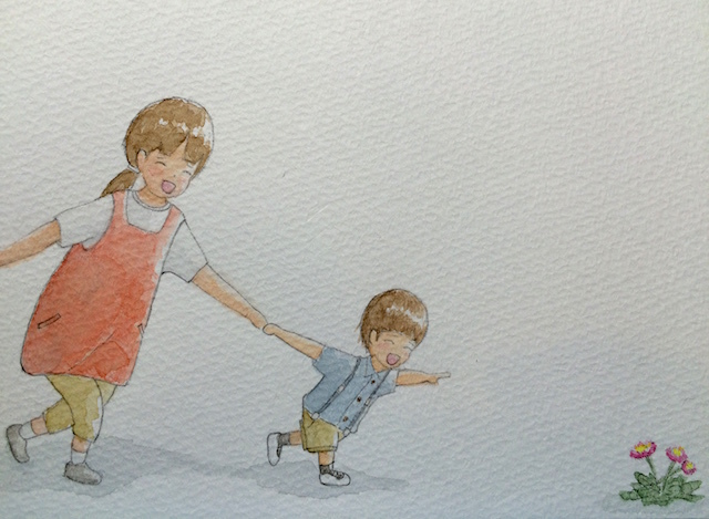 先生 こっち 幼稚園のメッセージカード2 うさおの絵 イラスト クレヨン 水彩画